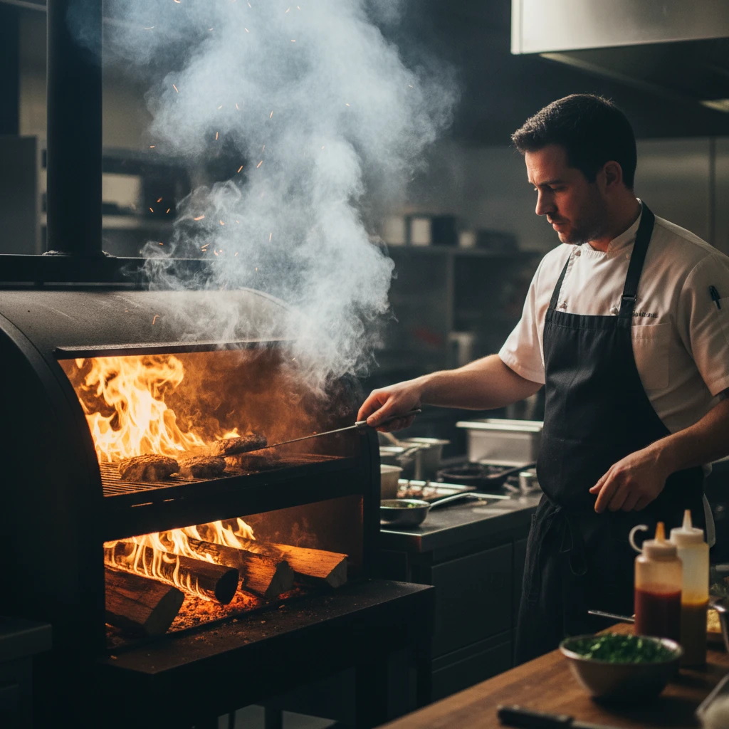 Chef ahumando hamburguesas